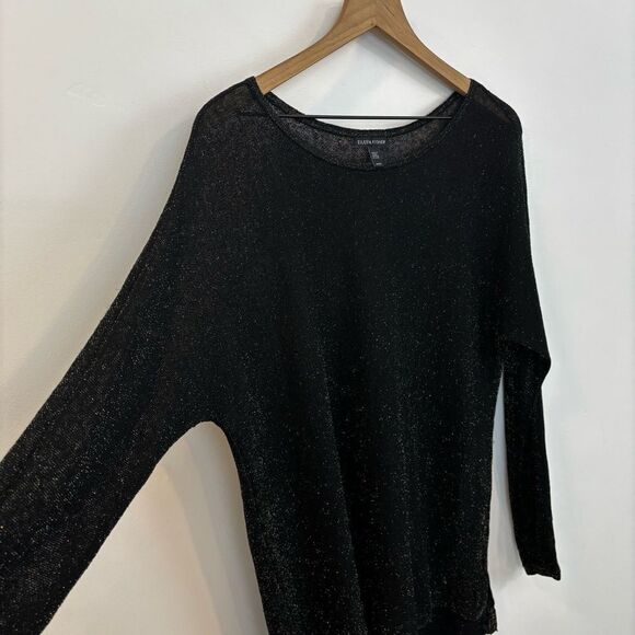 Eileen Fisher Black/Gold Bateau Neck Linen Crepe Tunic Metallic Thread Size Med - Picture 7 of 15